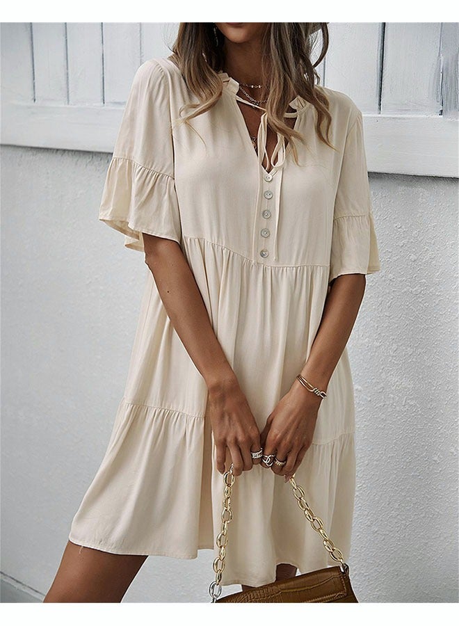 Women'S Fashionable Loose Casual Dress Classic V-Neck Button Embellished Beach Dress Neckline Lace Up Ruffle Hem A-Line Dress