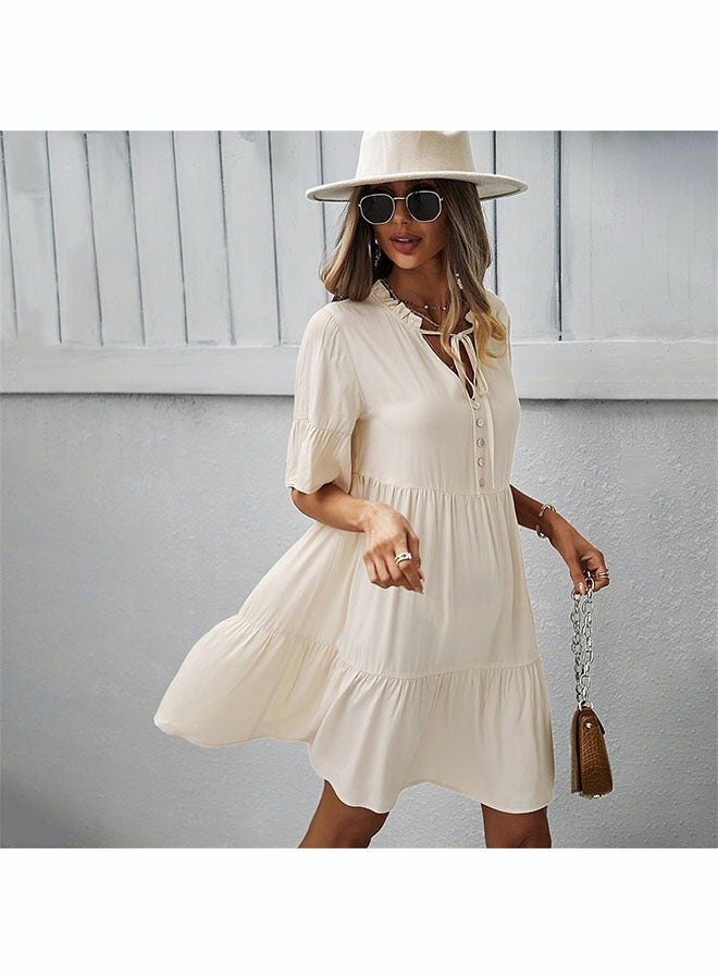 Women'S Fashionable Loose Casual Dress Classic V-Neck Button Embellished Beach Dress Neckline Lace Up Ruffle Hem A-Line Dress