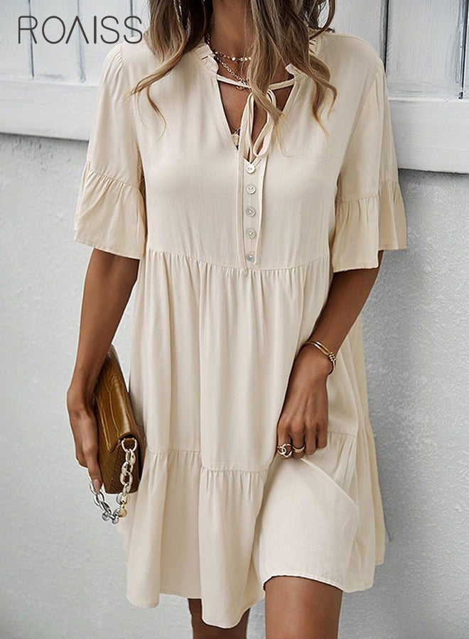 Women'S Fashionable Loose Casual Dress Classic V-Neck Button Embellished Beach Dress Neckline Lace Up Ruffle Hem A-Line Dress