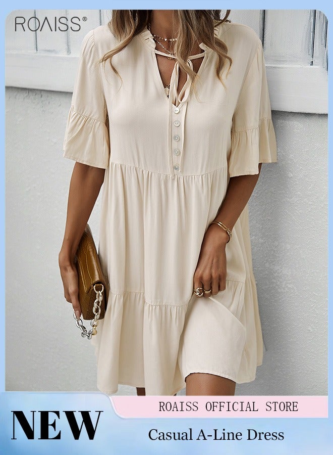 Women'S Fashionable Loose Casual Dress Classic V-Neck Button Embellished Beach Dress Neckline Lace Up Ruffle Hem A-Line Dress