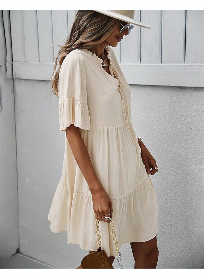 Women'S Fashionable Loose Casual Dress Classic V-Neck Button Embellished Beach Dress Neckline Lace Up Ruffle Hem A-Line Dress