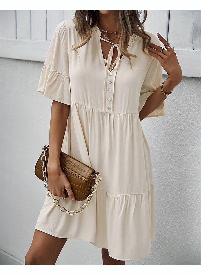 Women'S Fashionable Loose Casual Dress Classic V-Neck Button Embellished Beach Dress Neckline Lace Up Ruffle Hem A-Line Dress