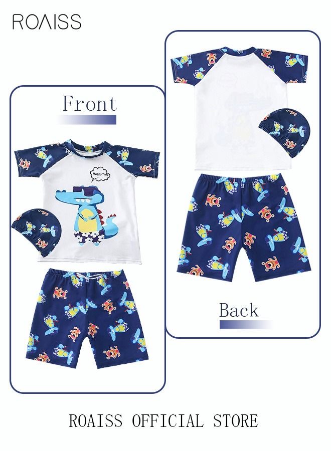 3 Piece Kids Swimsuit with Cap Set Toddler Boys Cartoon Crocodile Print Swimwear Children Swimming Trunks Short Sleeves Clothing Beachwear Bathing Suit for Summer Blue/White