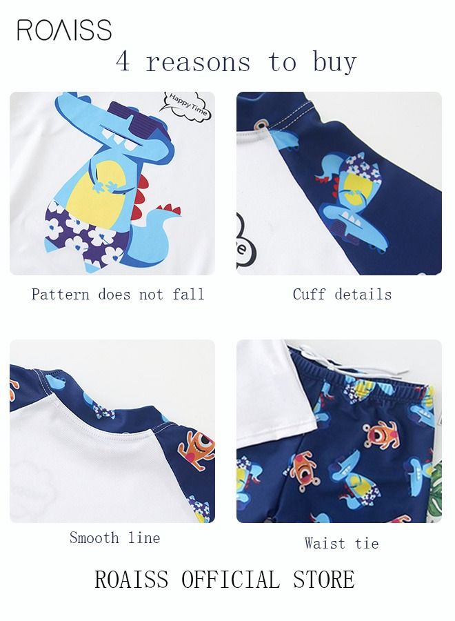 3 Piece Kids Swimsuit with Cap Set Toddler Boys Cartoon Crocodile Print Swimwear Children Swimming Trunks Short Sleeves Clothing Beachwear Bathing Suit for Summer Blue/White