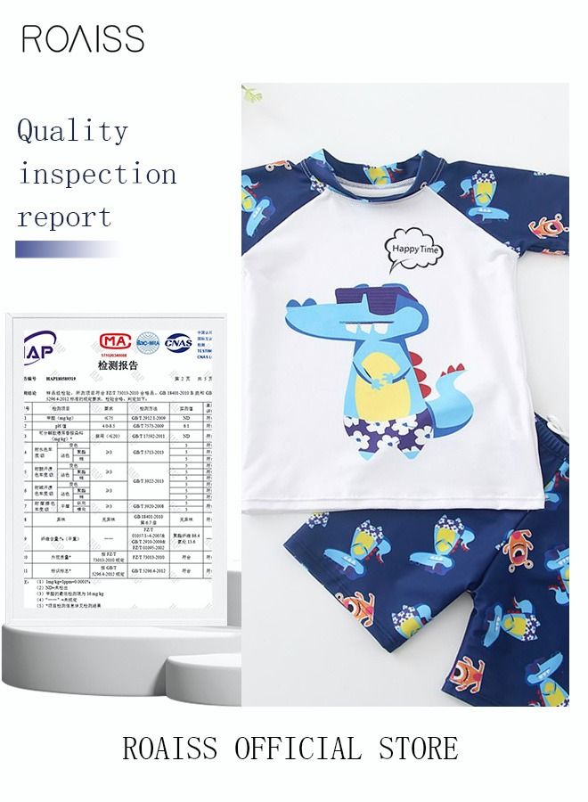 3 Piece Kids Swimsuit with Cap Set Toddler Boys Cartoon Crocodile Print Swimwear Children Swimming Trunks Short Sleeves Clothing Beachwear Bathing Suit for Summer Blue/White