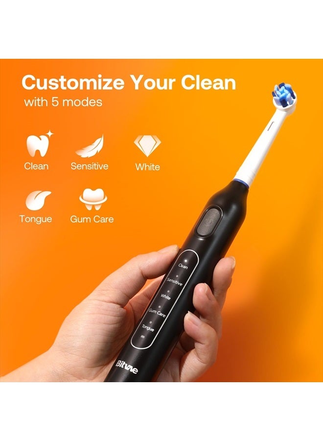 R1 Rotating Electric Toothbrush with 8 Brush Heads for Adults and Kids, 60-Day Battery Life, 5 Modes Rechargeable Power Toothbrush with 2-Minute Smart Timer, Black