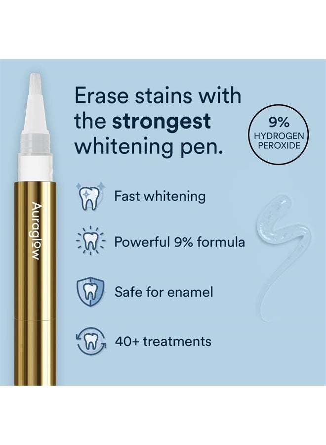 Auraglow Extra Strength Teeth Whitening Pen, 9% Hydrogen Peroxide, 40+ Whitening Treatments, Whitens Teeth Fast, No Sensitivity, 4mL