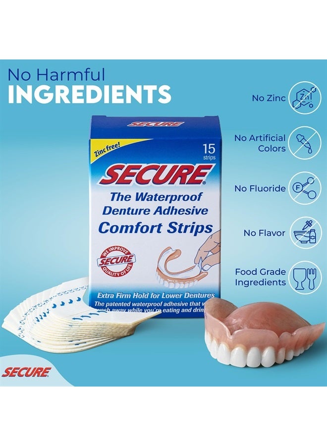 Denture Adhesive Strips – Zinc Free – Waterproof – Comfortable Cushion Fit for Uppers & Lowers – Extra Firm All-Day-Hold – No Mess – Clean Ingredients – 75 Strips Total (5 Pack) 15 Strips ea