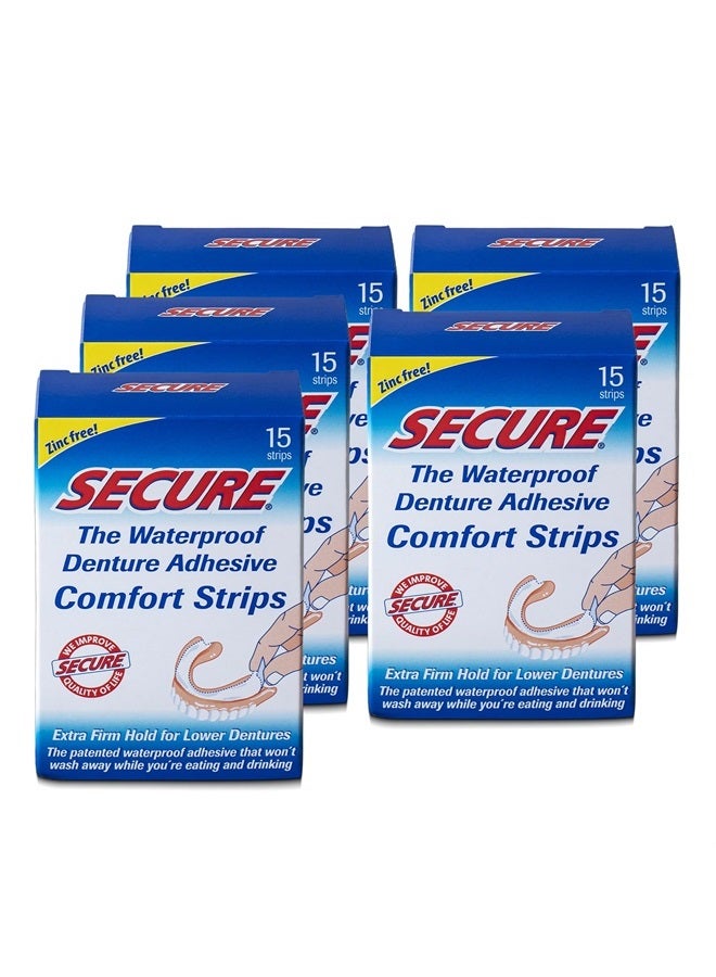 Denture Adhesive Strips – Zinc Free – Waterproof – Comfortable Cushion Fit for Uppers & Lowers – Extra Firm All-Day-Hold – No Mess – Clean Ingredients – 75 Strips Total (5 Pack) 15 Strips ea