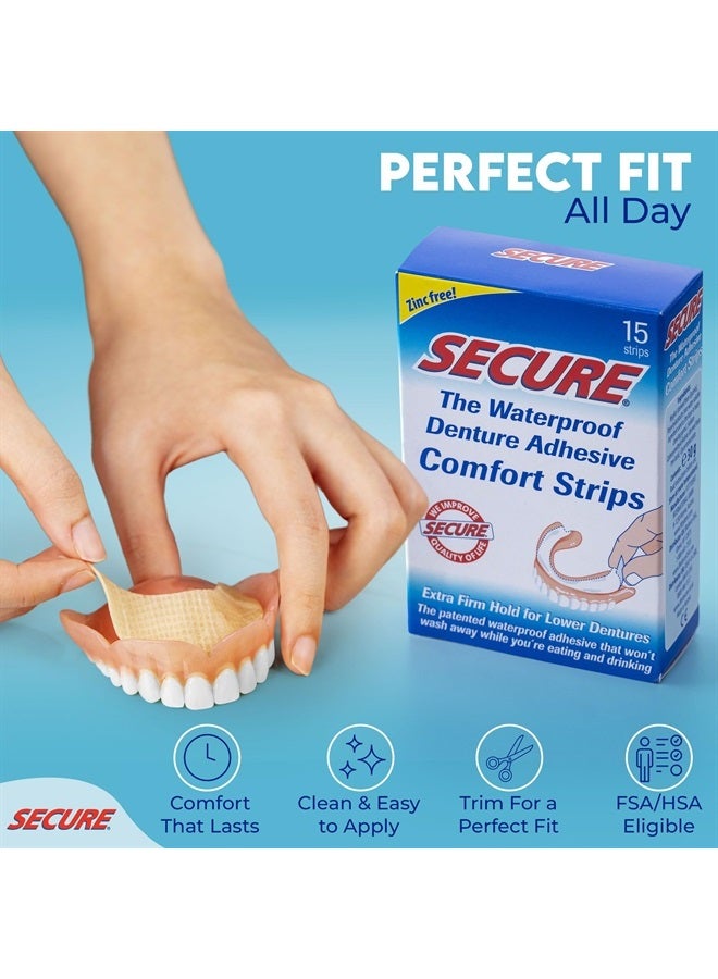 Denture Adhesive Strips – Zinc Free – Waterproof – Comfortable Cushion Fit for Uppers & Lowers – Extra Firm All-Day-Hold – No Mess – Clean Ingredients – 75 Strips Total (5 Pack) 15 Strips ea