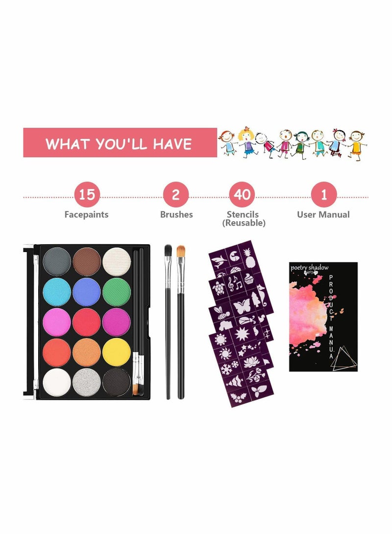 15 Colors Face Paint Kit for Kids, Non-toxic Professional Palette Washable with Brush for Kids for Art Show, Party Colsplay Makeup Festive Face Paint