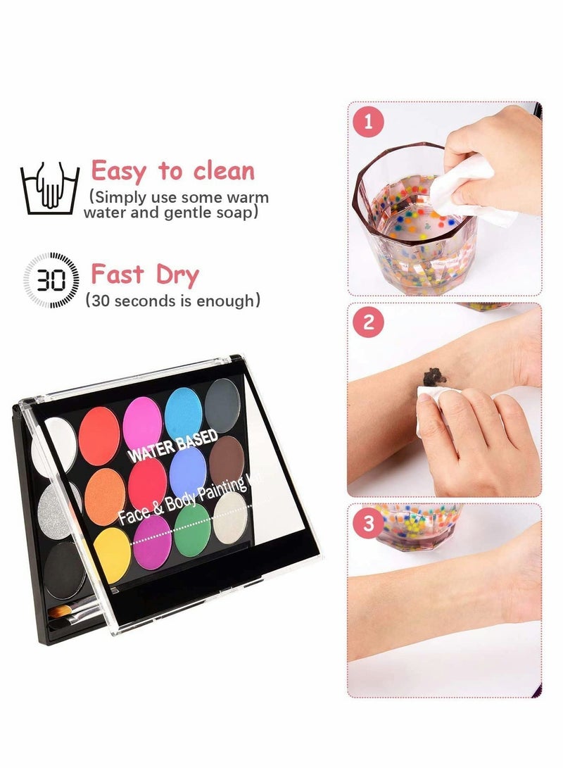 15 Colors Face Paint Kit for Kids, Non-toxic Professional Palette Washable with Brush for Kids for Art Show, Party Colsplay Makeup Festive Face Paint