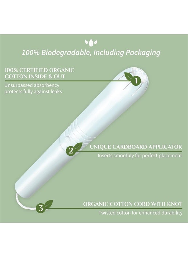 100% Certified Organic Cotton Tampons - Cardboard Applicator, Free from Chlorine, Perfumes, Rayon, and Chemicals - Super, 14 Count