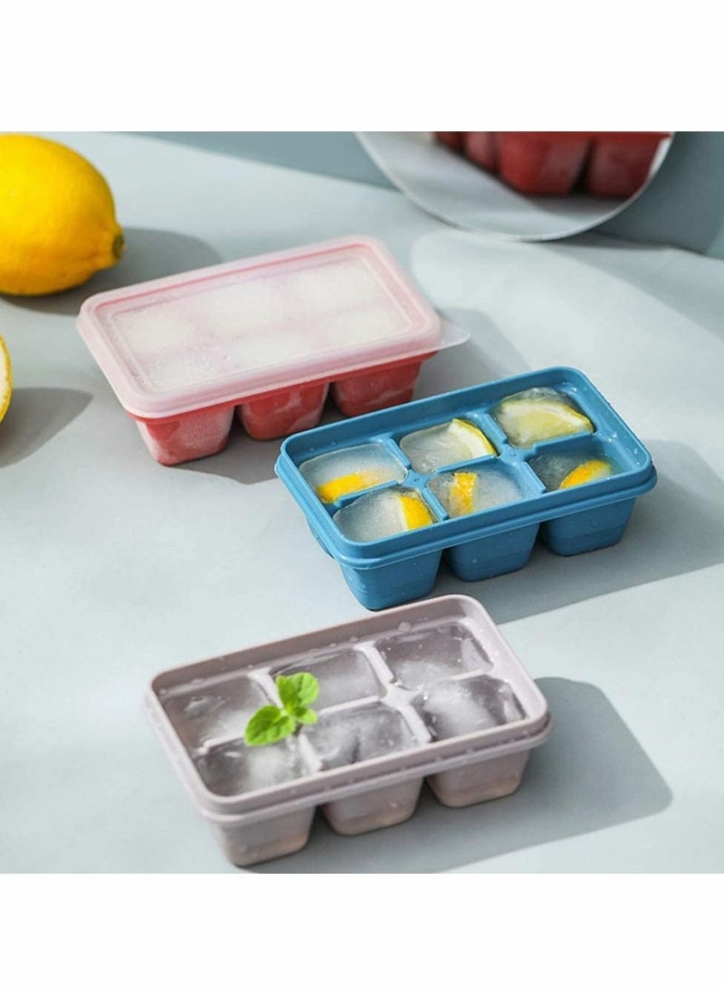Ice Cube Tray Silicone Refrigerator Sealed Anti-Smell 6 Compartment Box Stackable Small Mold with Lid Suitable for Beverages 3 Pieces