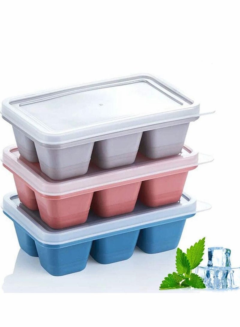 Ice Cube Tray Silicone Refrigerator Sealed Anti-Smell 6 Compartment Box Stackable Small Mold with Lid Suitable for Beverages 3 Pieces