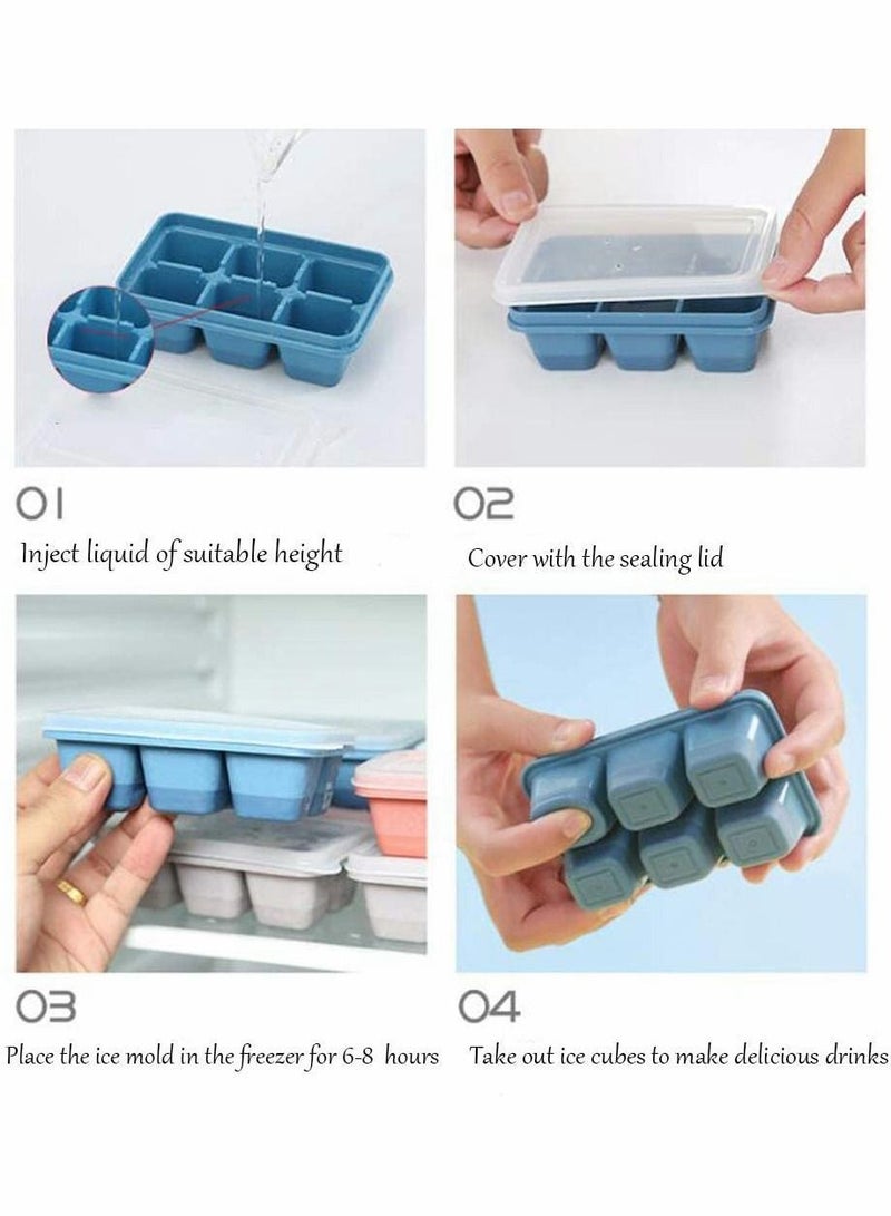 Ice Cube Tray Silicone Refrigerator Sealed Anti-Smell 6 Compartment Box Stackable Small Mold with Lid Suitable for Beverages 3 Pieces