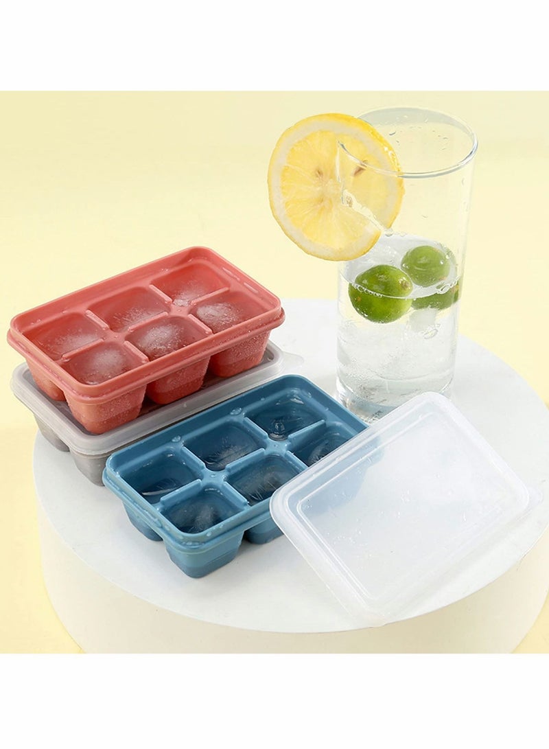 Ice Cube Tray Silicone Refrigerator Sealed Anti-Smell 6 Compartment Box Stackable Small Mold with Lid Suitable for Beverages 3 Pieces