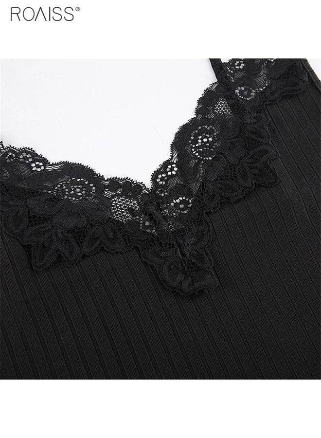 Women's Fashion Knitted Lace Panel V-Neck Thin Shoulder Strap Vest Elastic Tight Sleeveless Top