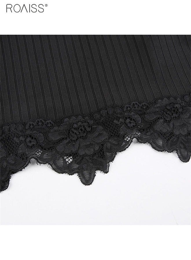 Women's Fashion Knitted Lace Panel V-Neck Thin Shoulder Strap Vest Elastic Tight Sleeveless Top