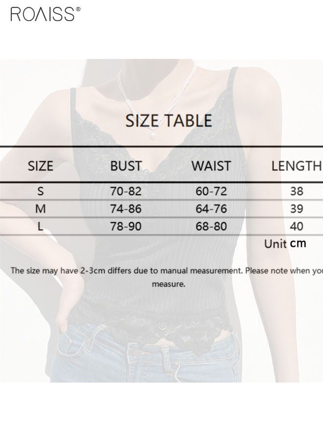 Women's Fashion Knitted Lace Panel V-Neck Thin Shoulder Strap Vest Elastic Tight Sleeveless Top