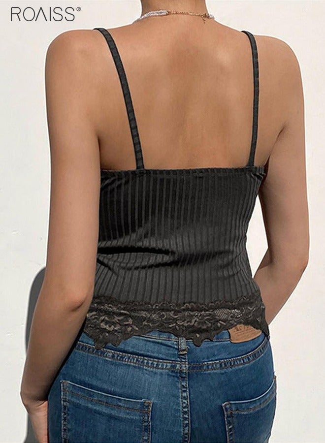 Women's Fashion Knitted Lace Panel V-Neck Thin Shoulder Strap Vest Elastic Tight Sleeveless Top