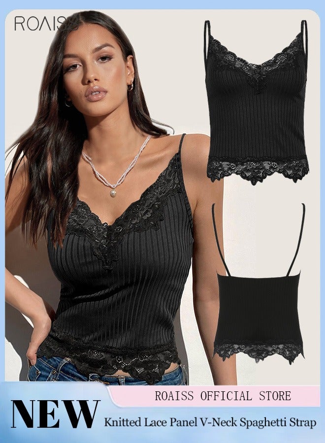Women's Fashion Knitted Lace Panel V-Neck Thin Shoulder Strap Vest Elastic Tight Sleeveless Top