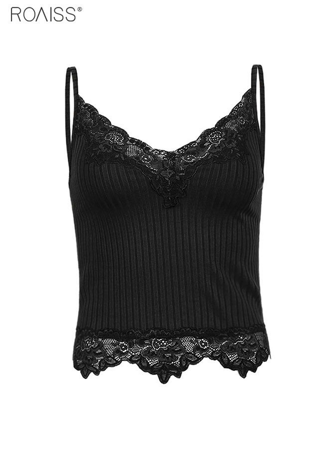 Women's Fashion Knitted Lace Panel V-Neck Thin Shoulder Strap Vest Elastic Tight Sleeveless Top
