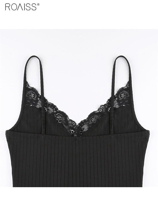 Women's Fashion Knitted Lace Panel V-Neck Thin Shoulder Strap Vest Elastic Tight Sleeveless Top