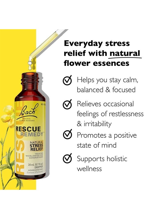 Bach RESCUE REMEDY Dropper 20mL, Natural Stress Relief, Homeopathic Flower Essence, Vegan, Gluten & Sugar-Free, Non-Habit Forming