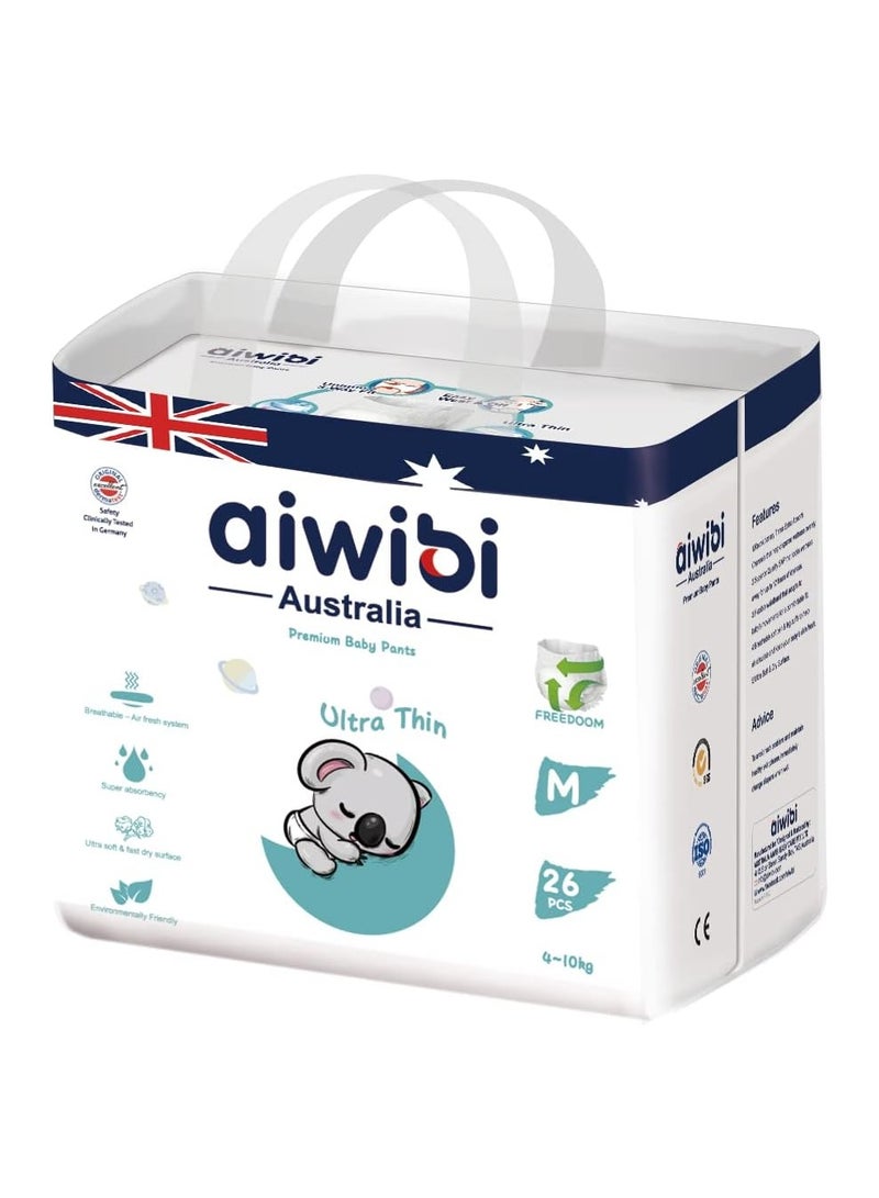 Aiwibi Ultra-thin premium baby pants diapers, cotton-like, anti-irritation,Size M (4-10kg) 26 counts