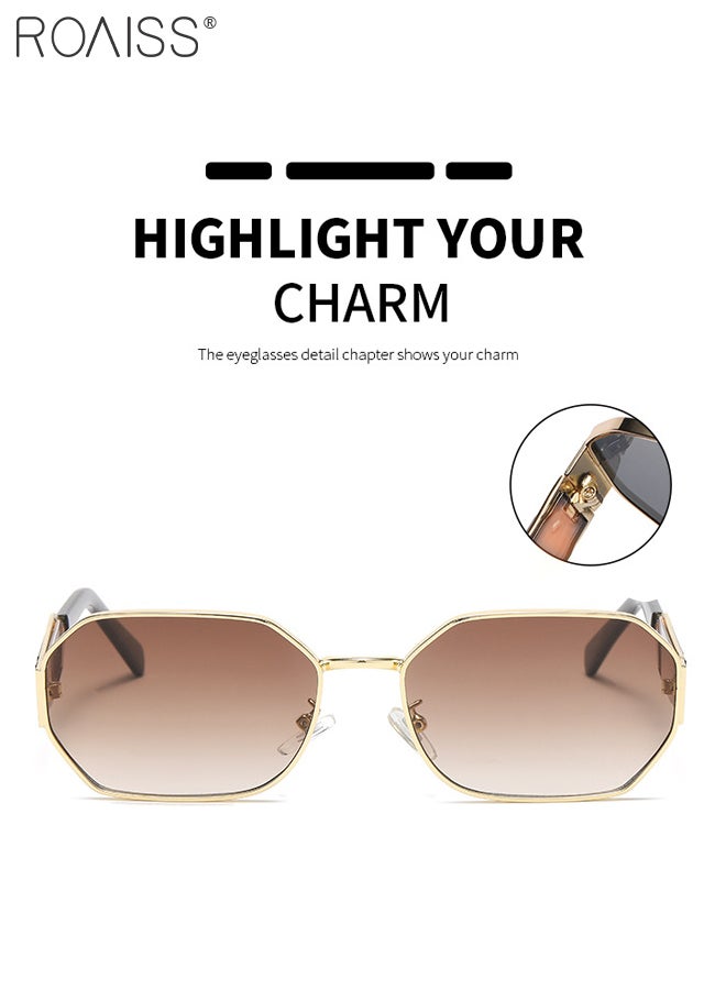 Women's Hexagon Sunglasses, UV400 Protection Sun Glasses with Gold Metal Frame and Gradient Brown Lens, Fashion Anti-glare Sun Shades for Women with Glasses Case, 58mm