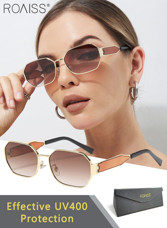 Women's Hexagon Sunglasses, UV400 Protection Sun Glasses with Gold Metal Frame and Gradient Brown Lens, Fashion Anti-glare Sun Shades for Women with Glasses Case, 58mm