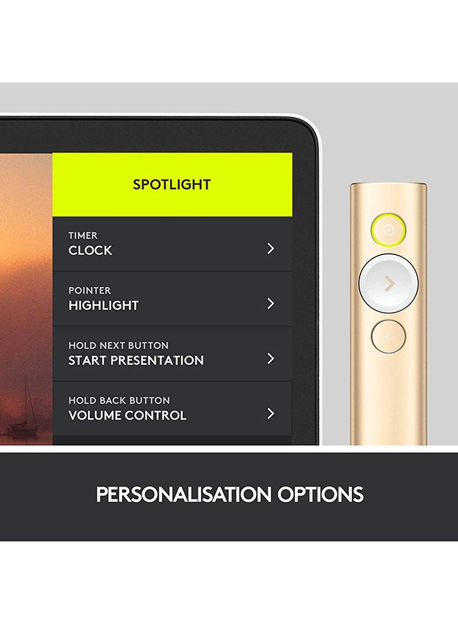 Spotlight Wireless Presentation Remote, 2.4 GHz and Bluetooth, USB-Receiver, Digital Laser Pointer, 30-Meter Operating Range, Dual Connectivity, Timer, PC/Mac/Android/iOS Gold