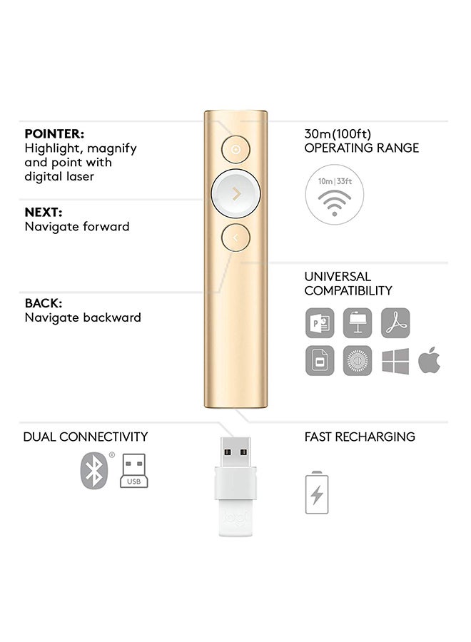 Spotlight Wireless Presentation Remote, 2.4 GHz and Bluetooth, USB-Receiver, Digital Laser Pointer, 30-Meter Operating Range, Dual Connectivity, Timer, PC/Mac/Android/iOS Gold