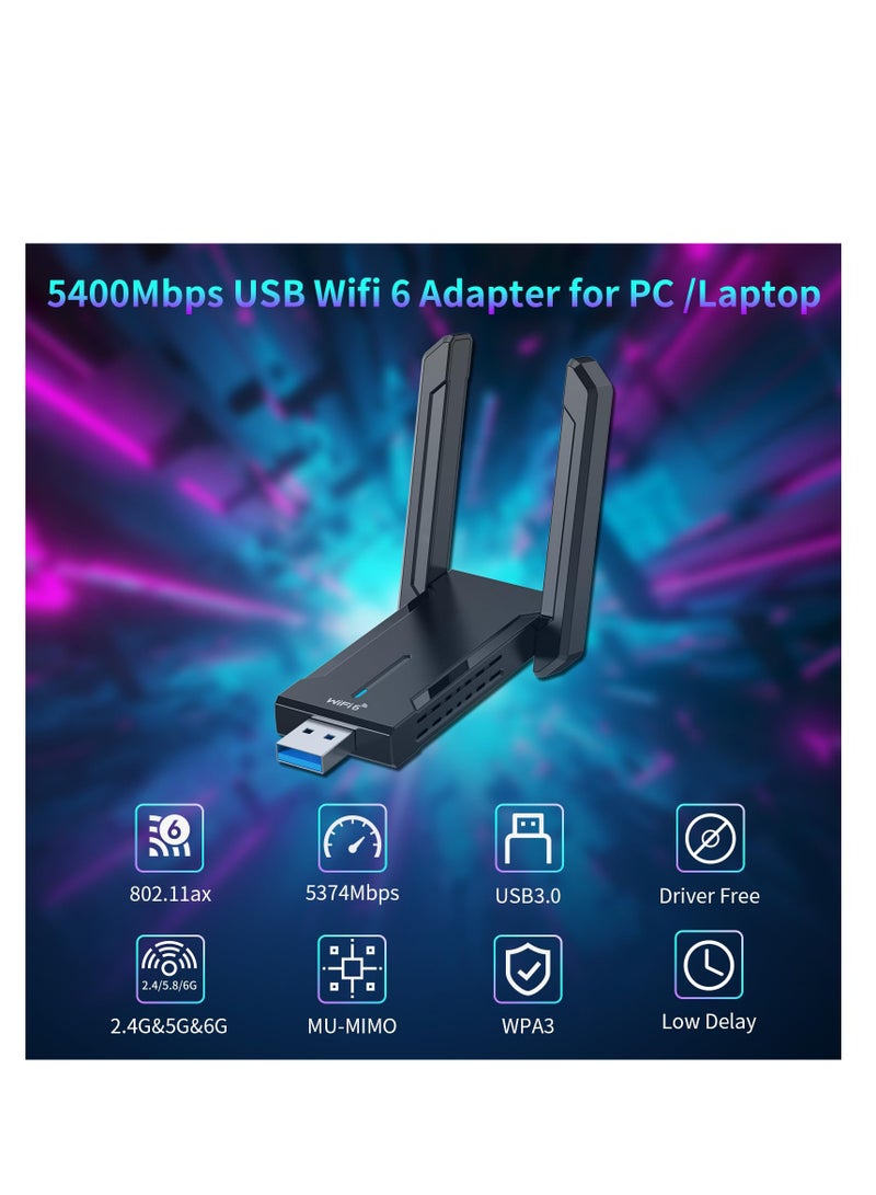 5400Mbps USB WiFi Dongle for PC, High Gain WiFi 6E Adapter, Tri-band USB 3.0 Wireless Dongle 6G/5G/2.4G, Low-Latency Gaming WPA3 WiFi 6 Dongle for Windows 10/11, Usb Wifi Adapter