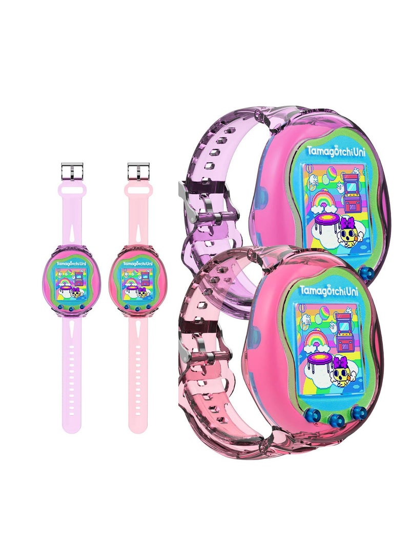 Wristband for Tamagotchi Uni, 2Pack TPU Bracelet Holder Compatible with Tamagotchi Uni, Adjustable TPU Protective for Tamagotchi Uni Case for Kids, Teen, Adults, Purple and Pink