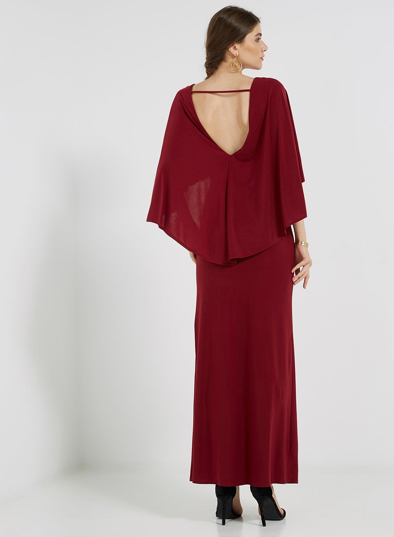 Solid Batwing Sleeves Maxi Dress Maroon