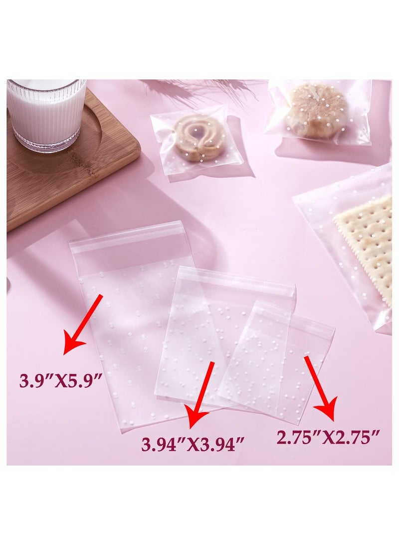300 Count Snack Storage Bags, Clear Matted Dotted Self Adhesive Cookie Snack Bags BPA Free Food Storage Bags for Bakery Treat Candies Dessert Chocolate (2.75