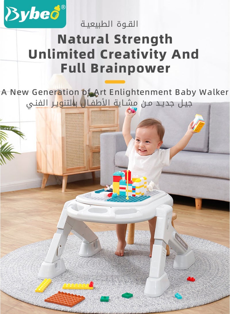 3 in 1 Baby Walker With Building Block Table Adjustable Height Multifunction and Big Comfortable Seat Cushion, Detachable Trampoline Mat for Infants Children