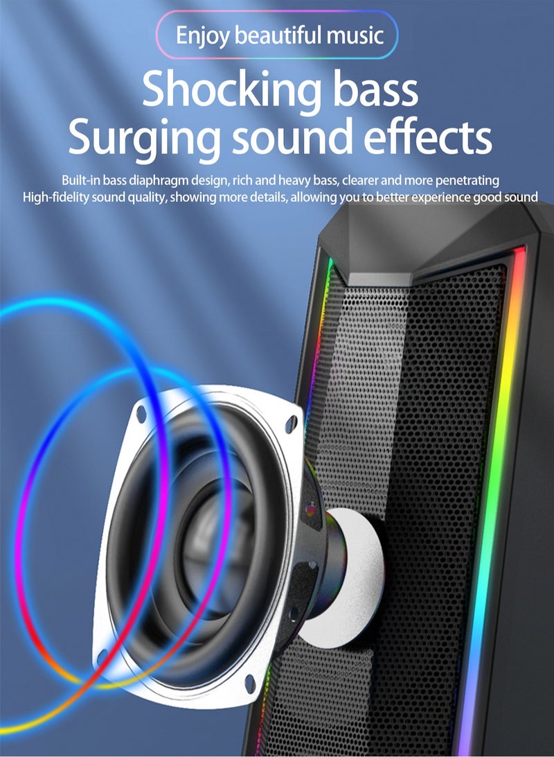 Desktop Speakers, 2.0 Channel PC Computer HiFi Stereo Gaming Speaker with Colorful LED Light Modes, Enhanced Bass and Easy-Access Volume Control, USB Powered with 3.5mm AUX-in