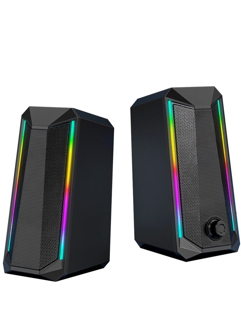 Desktop Speakers, 2.0 Channel PC Computer HiFi Stereo Gaming Speaker with Colorful LED Light Modes, Enhanced Bass and Easy-Access Volume Control, USB Powered with 3.5mm AUX-in