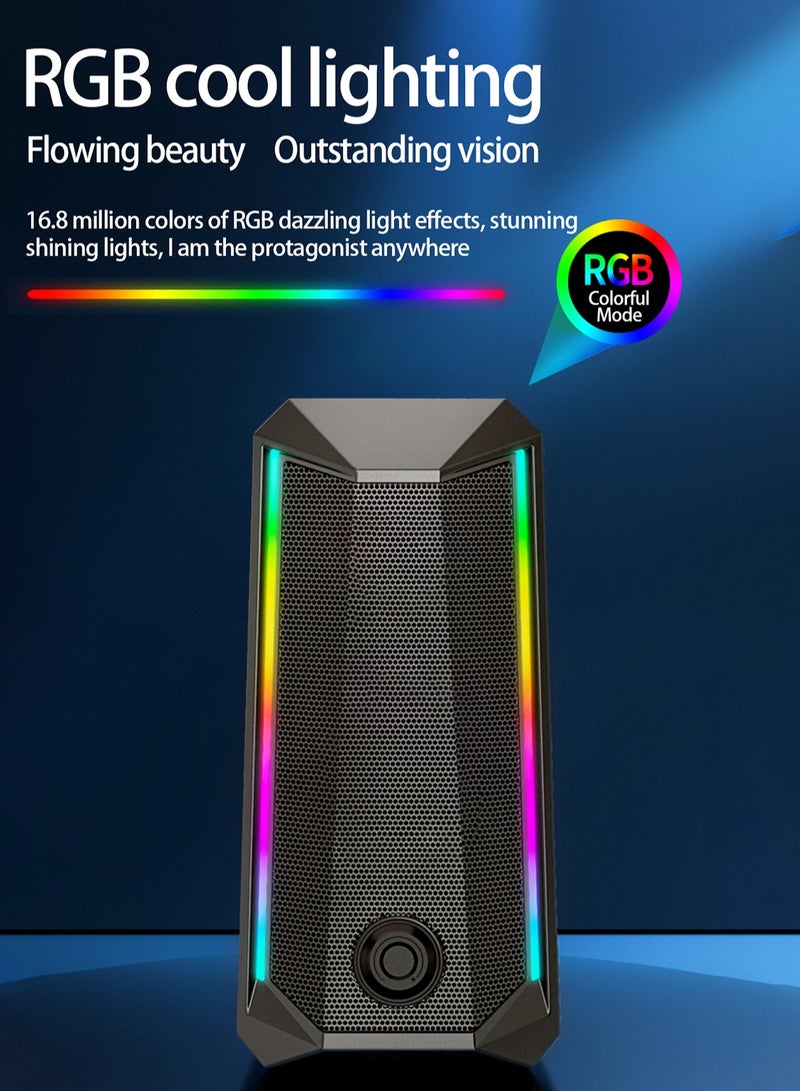 Desktop Speakers, 2.0 Channel PC Computer HiFi Stereo Gaming Speaker with Colorful LED Light Modes, Enhanced Bass and Easy-Access Volume Control, USB Powered with 3.5mm AUX-in