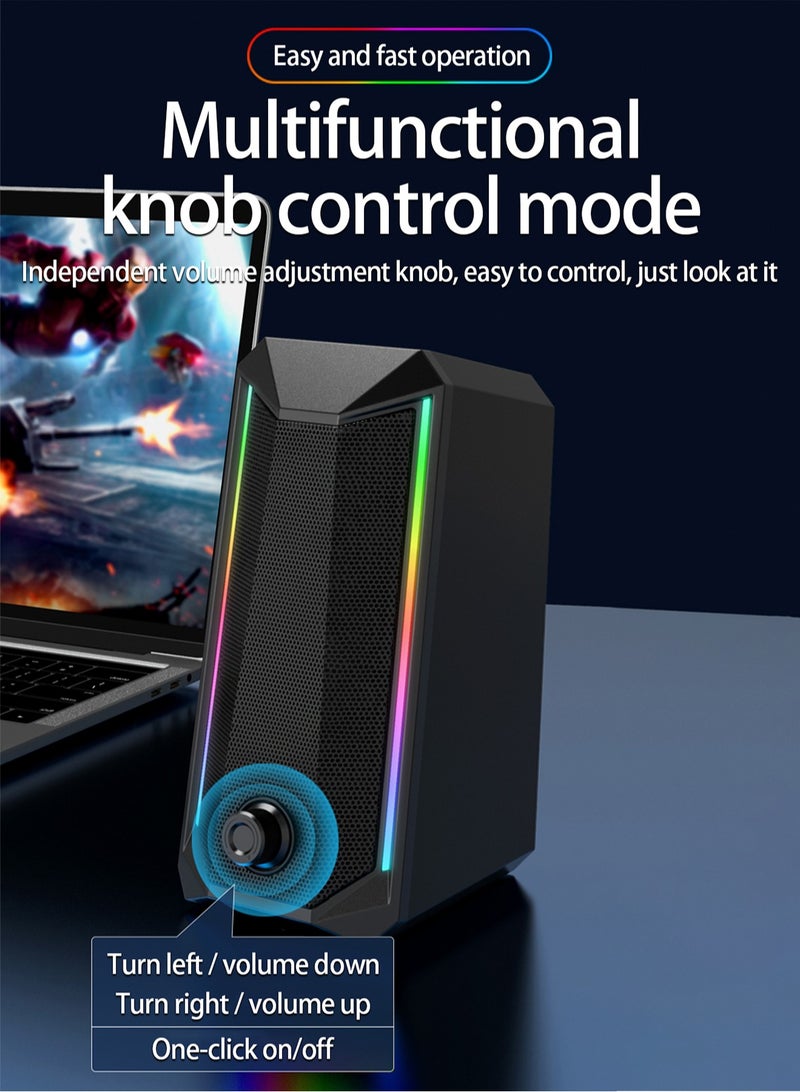 Desktop Speakers, 2.0 Channel PC Computer HiFi Stereo Gaming Speaker with Colorful LED Light Modes, Enhanced Bass and Easy-Access Volume Control, USB Powered with 3.5mm AUX-in