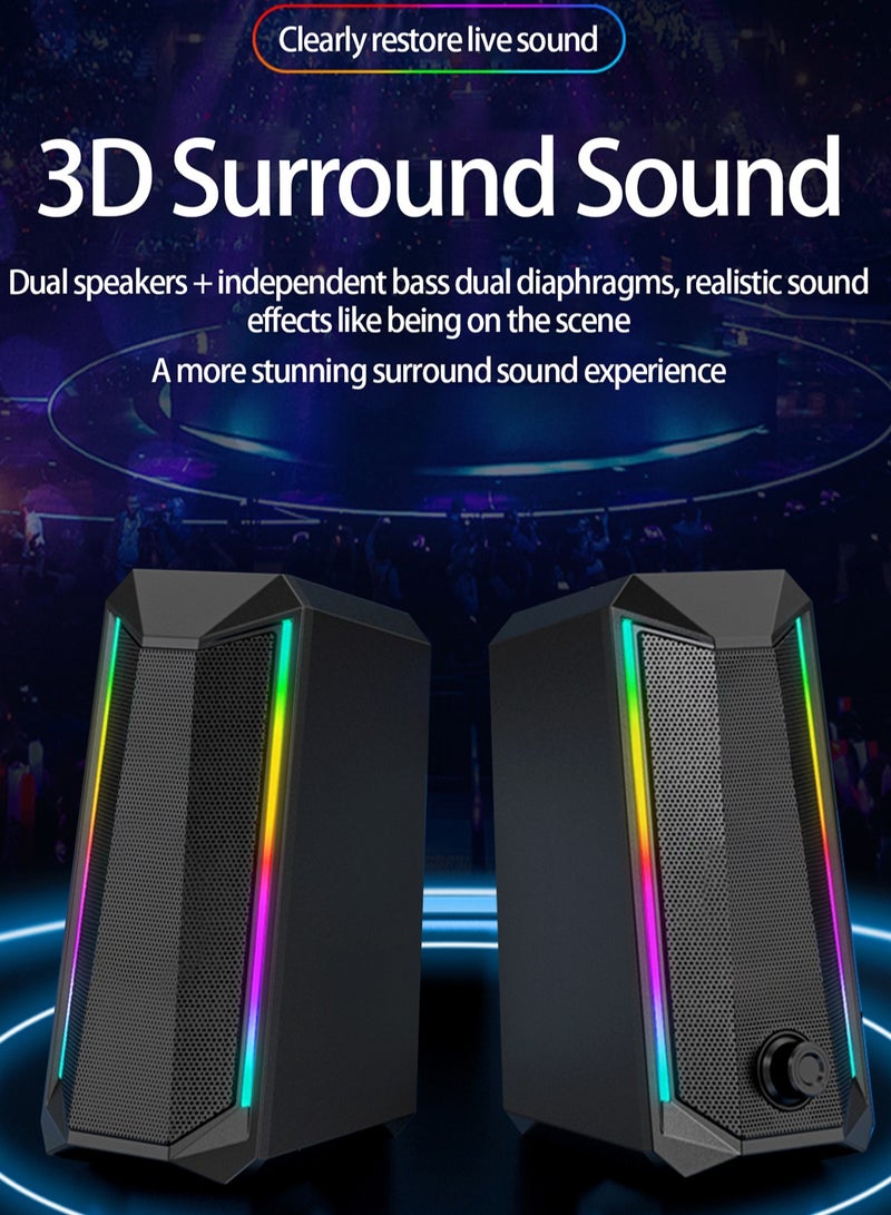 Desktop Speakers, 2.0 Channel PC Computer HiFi Stereo Gaming Speaker with Colorful LED Light Modes, Enhanced Bass and Easy-Access Volume Control, USB Powered with 3.5mm AUX-in