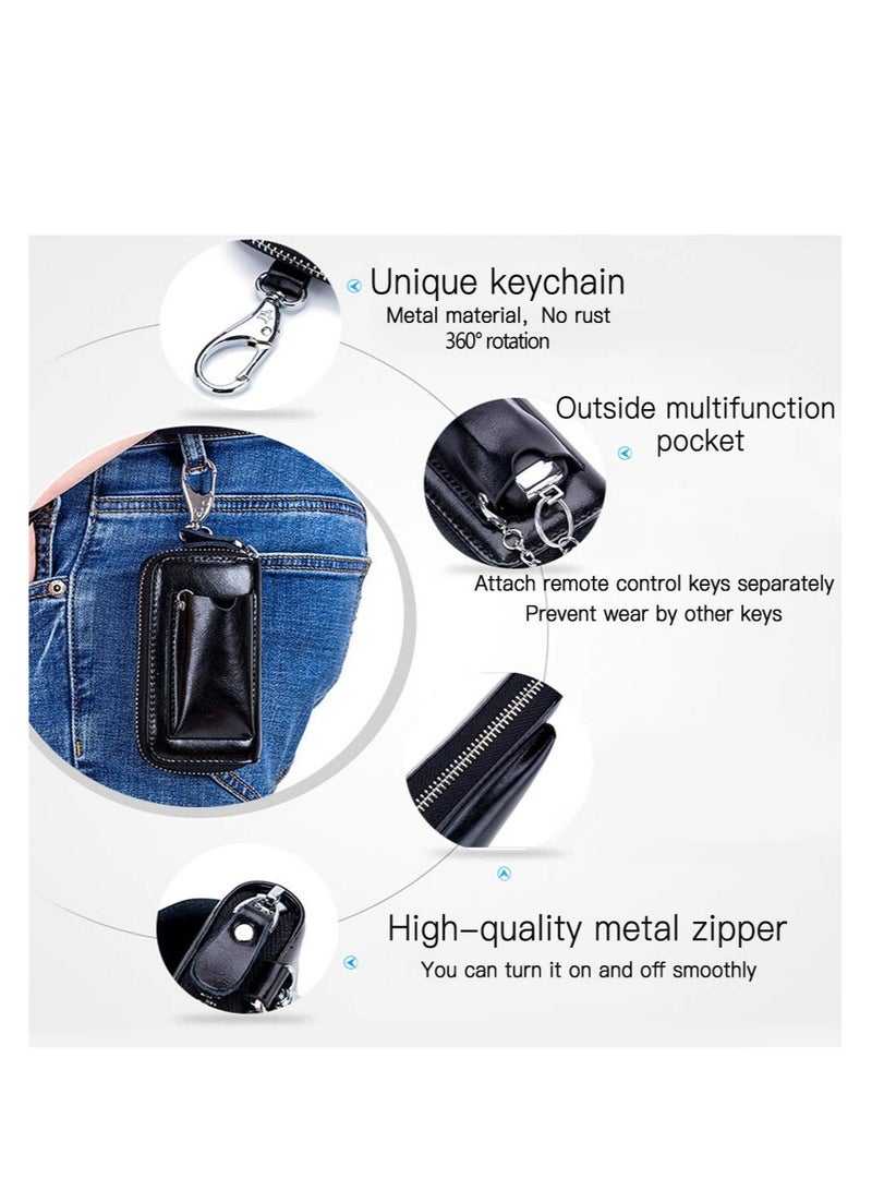 Car key Case, Leather Car Smart Key Fob Case, Portable Car Key Organizer Case, Keyring Zipper Bag, with Keychain,  for Men and Women