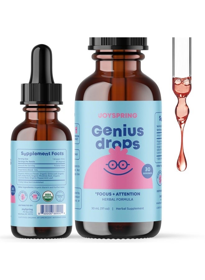 Organic Focus Drops for Kids - Attention and Focus Supplement with Ginkgo Biloba - Genius Drops Focus Supplement for Kids - Clinically Tested Attention and Focus for Kids & Teens - Kids Focus 1 Oz