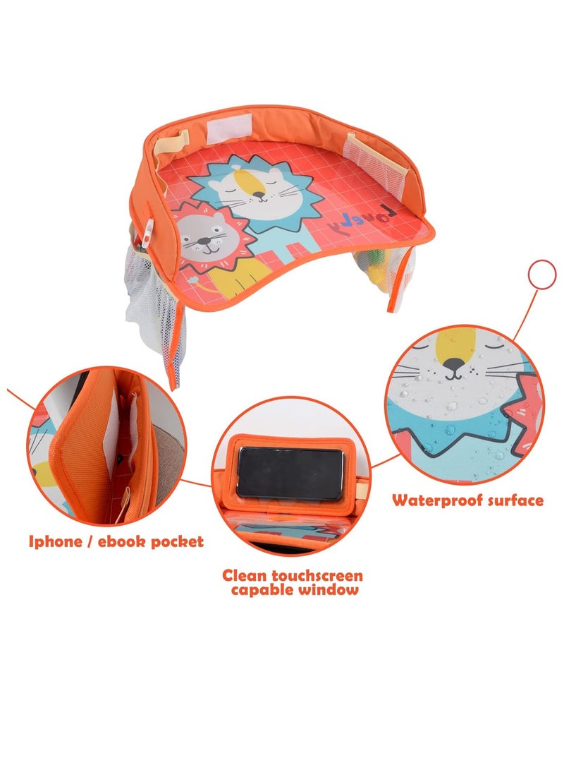 Kids Travel Tray Car Seat Activity and Play Tray Organizer for Children and Toddlers Lap Desk with Tablet Phone Holder Waterproof and Foldable (Orange)
