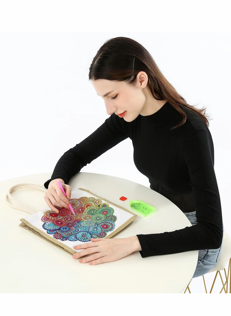 Mandala Diamond Painting Tote Bag,5D DIY Rhinestone Cross Stitch Shopping Bags Paint by Number Gems Art Craft Handmade Shoulder Bag Reusable Canvas Grocery Bag for Women Gift