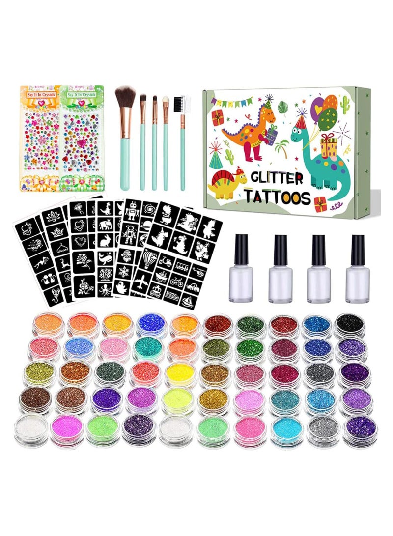 Glitter Temporary Tattoo Kit for Kids 50 Body Glitter Powder Waterproof Body Flash Tattoos Set Body Nail Art, Body Glitter Festival Party for Kids and Adults