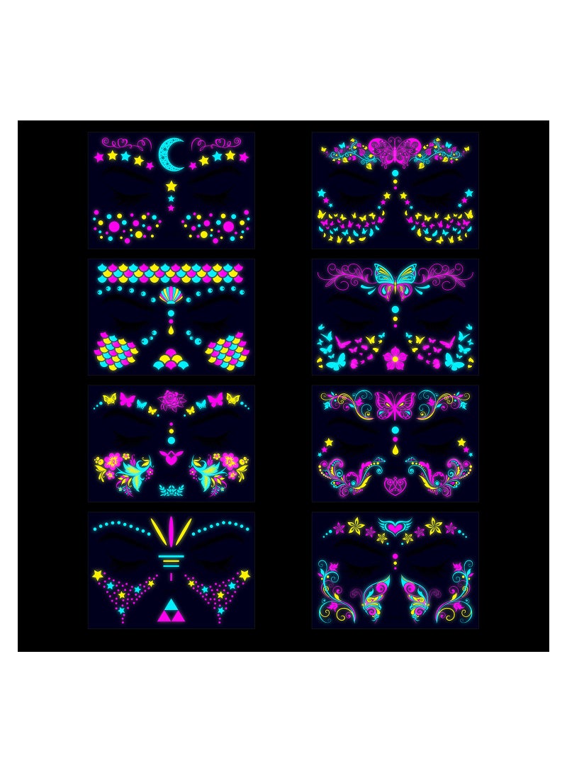 Glow In The Dark Tattoos for Adults, 8 Sheets Blacklight UV Neon Glow Temporary Tattoos Makeup Butterfly Tattoos Stickers for Glow In The Dark Party Supplies
